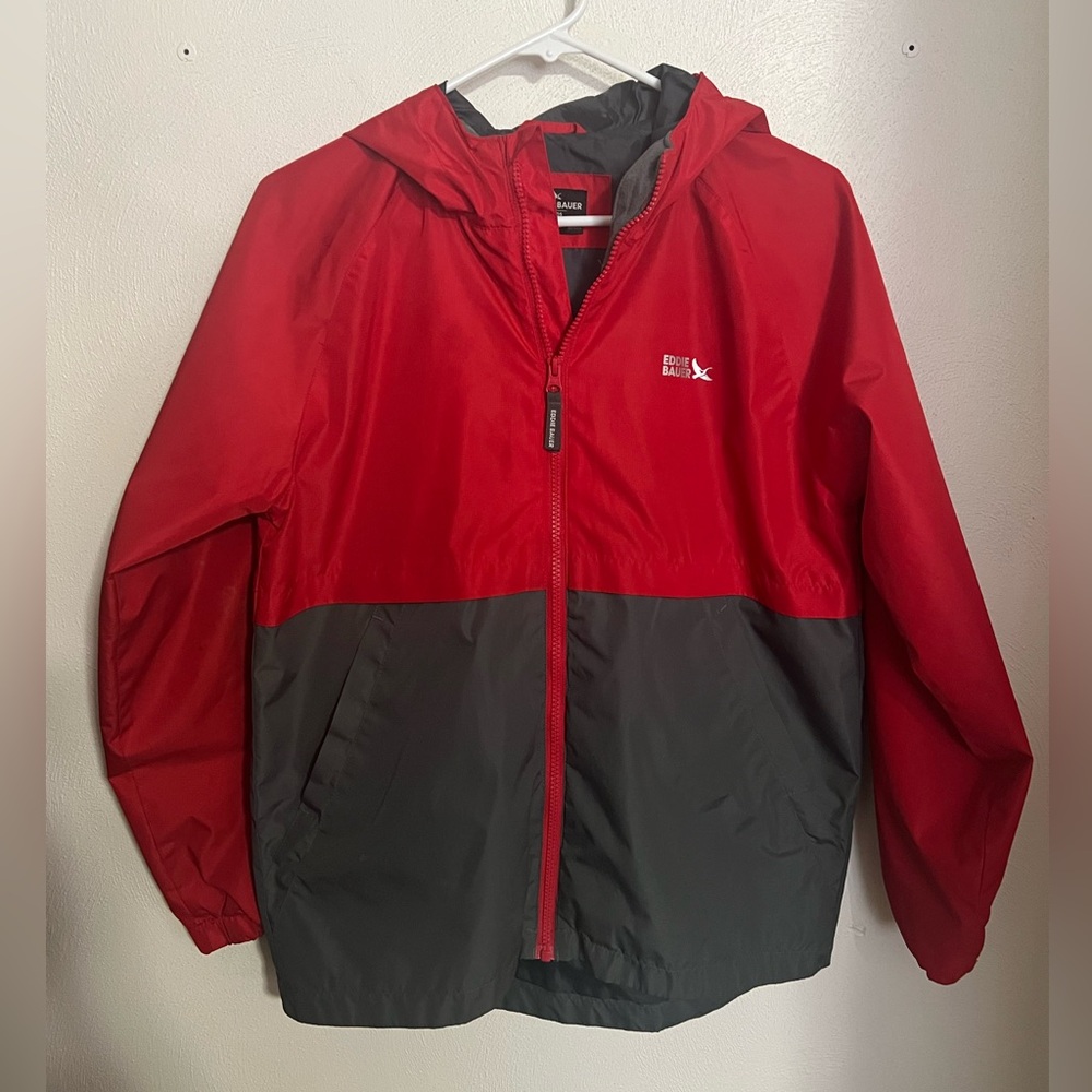 EDDIE BAUER Classic Lone Peak Waterproof Windbreaker Jacket Red Grey Boy's Sz L - Picture 1 of 5
